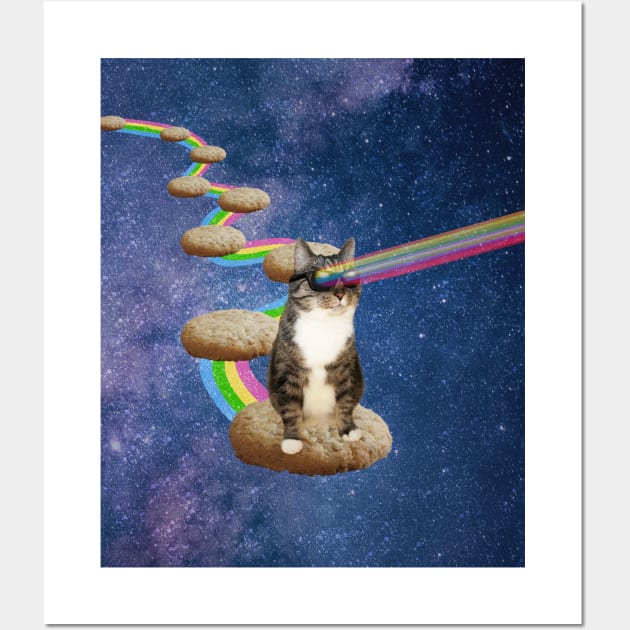 Cute tabby cat in space shooting rainbows from the sunglasses Wall Art by Purrfect